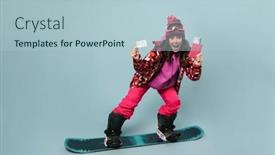  Presentation with snowboard - Amazing PPT theme having excited-sportswoman-posing-with-passport backdrop and a light blue colored foreground