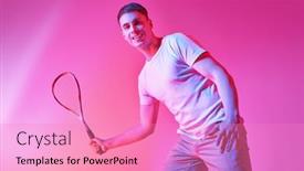  Presentation with active lifestyle - Colorful PPT layouts enhanced with excited-sporty-man-playing-squash backdrop and a coral colored foreground
