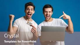  Presentation with credit card - Colorful presentation theme enhanced with excited-two-guys-making-winner backdrop and a coral colored foreground