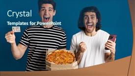  Presentation with credit card - PPT theme featuring excited-two-men-using-cellphone background and a ocean colored foreground