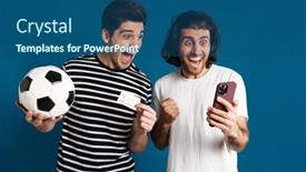 Presentation with football blue - Presentation design consisting of excited-two-men-using-cellphone background and a ocean colored foreground