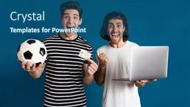  Presentation with football blue - Audience pleasing PPT theme consisting of excited-two-men-using-laptop backdrop and a ocean colored foreground