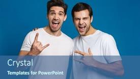  Presentation with blue - Colorful presentation theme enhanced with excited-unshaven-two-guys-screaming backdrop and a ocean colored foreground