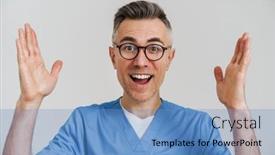  Presentation with medical - Slide set with excited-white-haired-medical-doctor background and a teal colored foreground