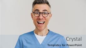  Presentation with medical - PPT layouts having excited-white-haired-medical-doctor background and a light blue colored foreground