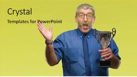  Presentation with award winner champion golden trophy - PPT theme consisting of excited winner expression celebrating victory background and a yellow colored foreground