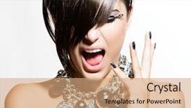  Presentation with makeup fashion model applying lipstick - Cool new presentation with excited woman emotions trendy hair backdrop and a coral colored foreground