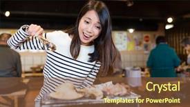  Presentation with barbecue food truck - Presentation design consisting of excited woman enjoy seafood barbecue background and a tawny brown colored foreground