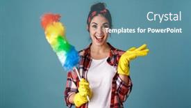  Presentation with colorful - Theme enhanced with excited-woman-in-gloves-holding background and a teal colored foreground