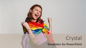  Presentation with rainbow flag - Colorful PPT theme enhanced with excited-woman-making-winner-gesture backdrop and a mint green colored foreground
