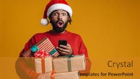  Presentation with man holding phone - Presentation design having excited-young-african-american-man background and a gold colored foreground