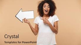  Presentation with portrait of excited overjoyed female - PPT theme featuring excited young african woman pointing background and a coral colored foreground