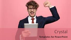  Presentation with tab - Presentation theme featuring excited-young-businessman-in-navy background and a coral colored foreground