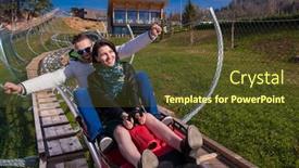  Presentation with beautiful nature - Amazing presentation theme having excited young couple driving alpine coaster while enjoying beautiful sunny day in the nature backdrop and a tawny brown colored foreground