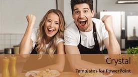  Presentation with young happy couple - Cool new PPT theme with excited young friends loving couple backdrop and a coral colored foreground