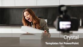  Presentation with new home - PPT theme with excited young girl recording video background and a gray colored foreground