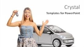  Presentation with car key - Cool new PPT theme with excited-young-lady backdrop and a white colored foreground