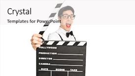  Presentation with director - Presentation theme consisting of excited young male movie director posing behind a movie clapperboard isolated on white background background and a white colored foreground