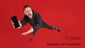  Presentation with air - Slides with excited-young-man-flies-through background and a crimson colored foreground