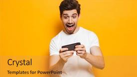  Presentation with mobile games - Theme having excited young man playing game background and a gold colored foreground
