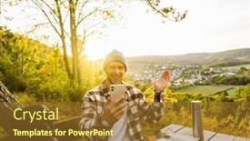  Presentation with man sitting bench - PPT theme enhanced with excited-young-man-tourist background and a tawny brown colored foreground