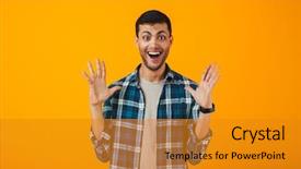  Presentation with young man wearing a hat - Cool new slide deck with excited young man wearing plaid backdrop and a  colored foreground