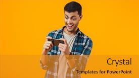  Presentation with mobile games - PPT theme with excited young man wearing plaid background and a gold colored foreground