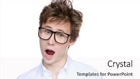  Presentation with emotions - Amazing presentation design having excited young man in big glasses expresses fear and shock emotions isolated over white backdrop and a white colored foreground