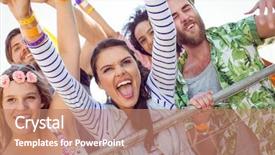  Presentation with music festival - PPT theme consisting of excited young people singing along background and a coral colored foreground