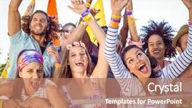  Presentation with elderly people singing - PPT theme featuring excited young people singing along background and a coral colored foreground