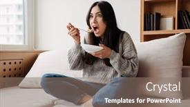  Presentation with cereal - Audience pleasing presentation theme consisting of excited-young-woman-eating-cereal backdrop and a gray colored foreground