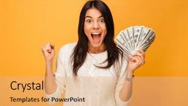  Presentation with banknotes - Amazing slide deck having excited young woman holding money backdrop and a coral colored foreground