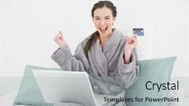  Presentation with online shopping - Amazing PPT theme having excited young woman in bathrobe doing online shopping through laptop and credit card in bed backdrop and a light gray colored foreground