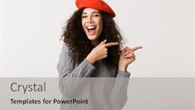  Presentation with young woman wearing boxer gloves - Cool new presentation theme with excited young woman wearing autumn clothes standing isolated over white background pointing at copy space backdrop and a light gray colored foreground