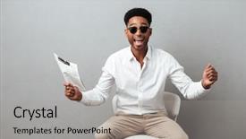  Presentation with win - Amazing PPT layouts having happy excited african man holding newspaper and celebrating a win while sitting in a chair isolated over gray background backdrop and a light gray colored foreground