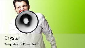  Presentation with green officebuilding man - Theme enhanced with business guy white news - portrait of young man shouting background and a soft green colored foreground
