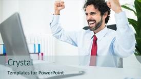  Presentation with rise - Audience pleasing PPT theme consisting of rise victory - very happy and excited businessman backdrop and a sky blue colored foreground