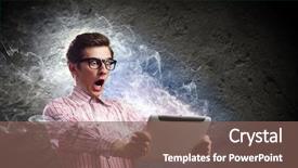  Presentation with tablet - Amazing presentation having exaggerating - young man looking shocked backdrop and a violet colored foreground