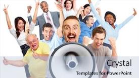  Presentation with people talking - Presentation design consisting of winner announcement - young man talking in loud-hailer background and a light blue colored foreground