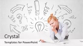  Presentation with arrows - Presentation theme having exclamation mark - attractive young businesswoman brainstorming background and a white colored foreground