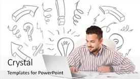  Presentation with good sales - Theme with exclamation mark - good-looking young businessman brainstorming background and a light gray colored foreground