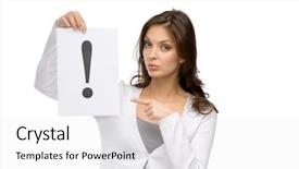  Presentation with problem solution - Colorful presentation theme enhanced with exclamation point - half-length portrait of woman pointing backdrop and a  colored foreground
