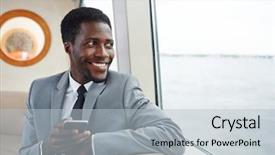  Presentation with african american couples - Cool new slide deck with exclusive - happy african-american businessman with smartphone backdrop and a light blue colored foreground