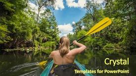 Presentation with beautiful mountains river lake sky nature - Presentation theme with excursion - adventuresome woman kayaking along background and a tawny brown colored foreground