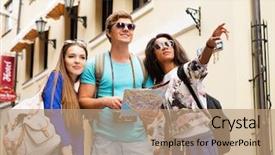  Presentation with city map - Beautiful presentation featuring excursion - multi-ethnic friends tourists with map backdrop and a coral colored foreground