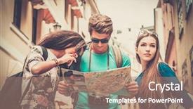  Presentation with city map - PPT theme featuring excursion - multi ethnic friends tourists background and a coral colored foreground