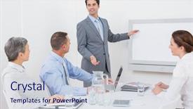  Presentation with transparen virtural screen - PPT layouts enhanced with executive board - businessman pointing the white screen background and a lemonade colored foreground