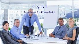  Presentation with camera - Cool new presentation theme with executive board - happy business people looking backdrop and a sky blue colored foreground