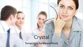  Presentation with young business woman smile show - PPT layouts enhanced with executive board - thoughtful business woman smiling background and a  colored foreground