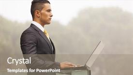  Presentation with young man holdng laptop on lap money - Beautiful presentation design featuring executive branch - confident young businessman working backdrop and a gray colored foreground